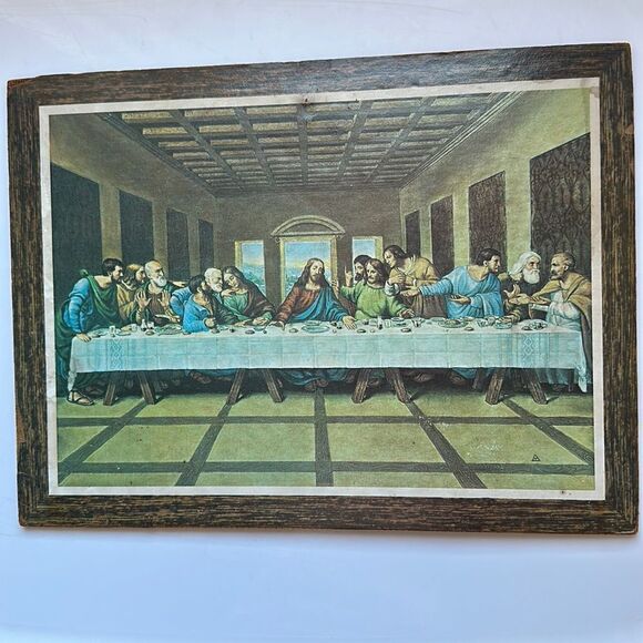 Vintage Mid Century print of The Last Supper on particle board wall hanging - Picture 1 of 6